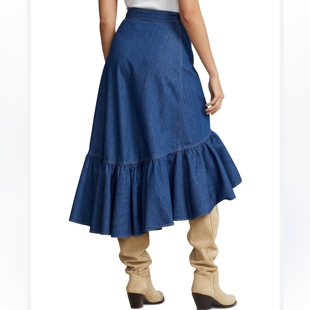 Polo Ralph Lauren ruffled cotton chambray denim wrap skirt NWT adjustable size - Picture 2 of 10